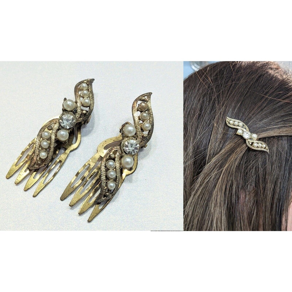 Vintage Faux Pearl and Rhinestone Delicate Hair Combs - Small Pair of Hair Clips